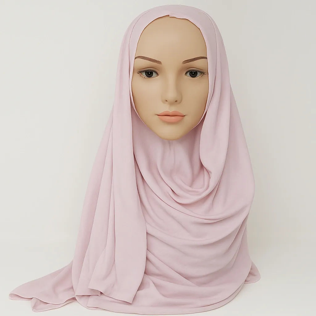 Blush pink jersey khimar hijab with full chest coverage, soft stretch knit fabric, modest Islamic prayer hijab for women, lightweight breathable scarf