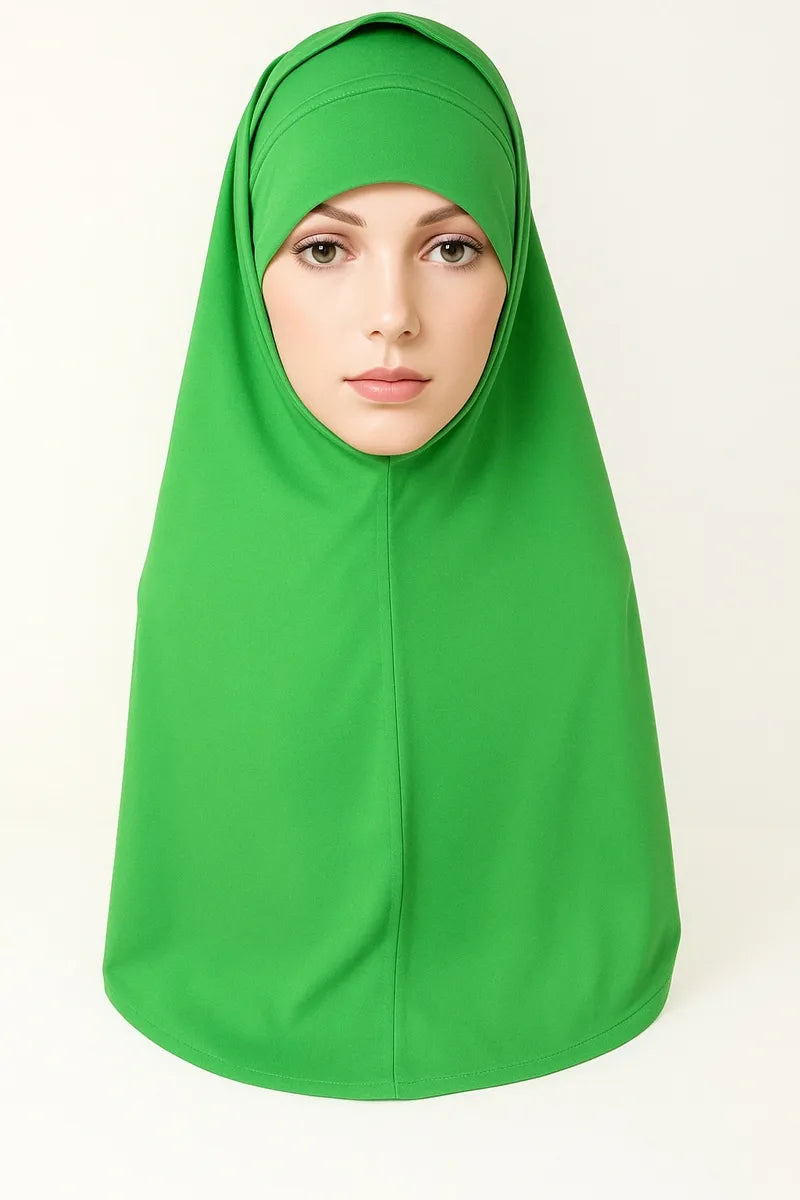 Bright green 2 piece hijab set with matching undercap, modest Islamic headscarf set for women, soft comfortable slip on hijab from Affordable Hijab USA