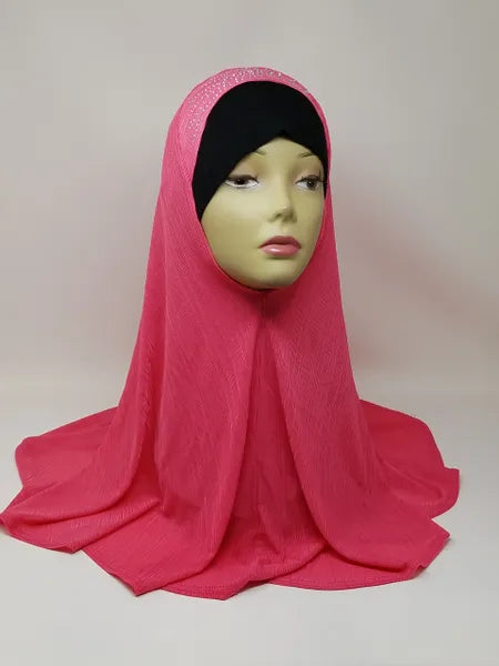 Bright pink khimar hijab full coverage on mannequin, long flowing modest prayer hijab, soft lightweight fabric khimar for women