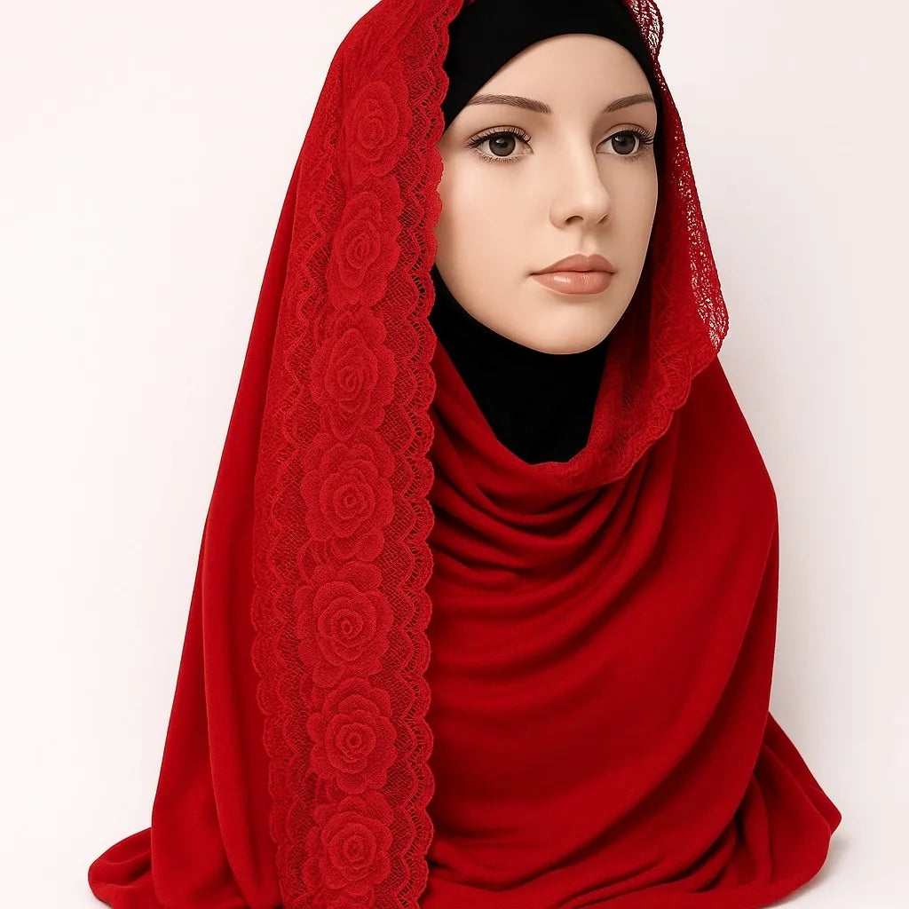 Bright red jersey hijab scarf with lace trim edge, soft stretch modest headscarf for women, breathable Islamic hijab with elegant lace border, full coverage everyday modest wear