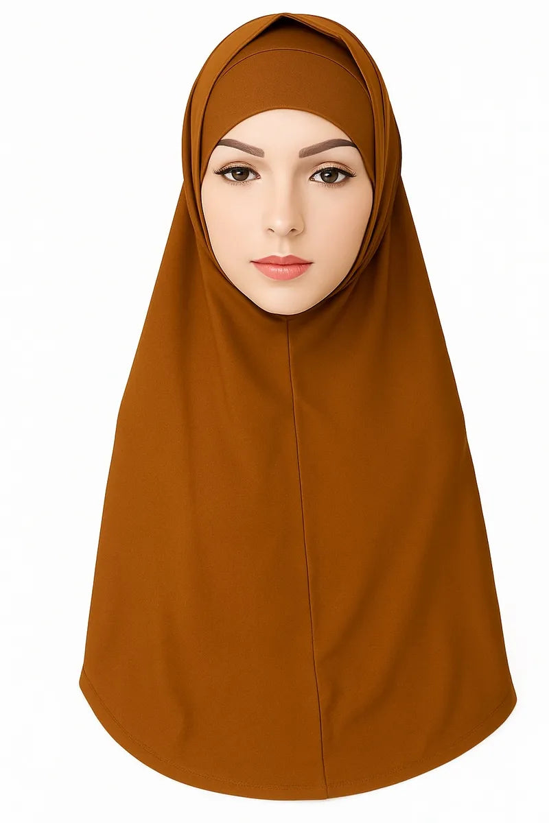 Brown 2-piece khimar hijab set in heavy jersey fabric with full drape coverage and open ear hole design, modest Muslim women headwear, soft stretch long flowing khimar scarf for prayer, everyday wear, and modest fashion styling