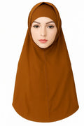 Brown 2-piece khimar hijab set in heavy jersey fabric with full drape coverage and open ear hole design, modest Muslim women headwear, soft stretch long flowing khimar scarf for prayer, everyday wear, and modest fashion styling