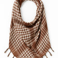 Brown and cream keffiyeh scarf with traditional checkered pattern and tassel edges, lightweight square shemagh scarf displayed on white background, classic Arab style scarf from Affordable Hijab USA