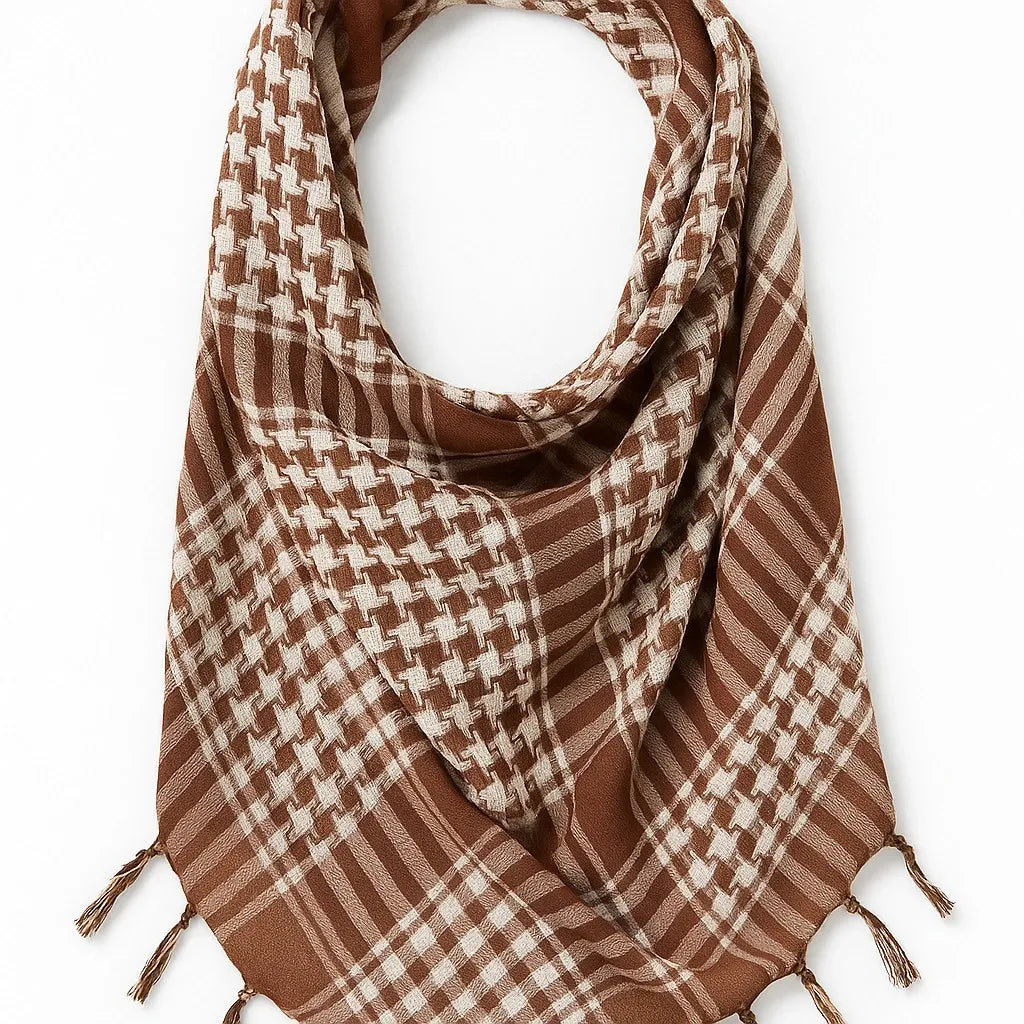 Brown and cream keffiyeh scarf with traditional checkered pattern and tassel edges, lightweight square shemagh scarf displayed on white background, classic Arab style scarf from Affordable Hijab USA