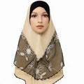 Elegant brown floral embroidered hijab with delicate white flower detailing, soft drape modest headscarf in neutral tones for everyday wear and special occasions by Affordable Hijab USA