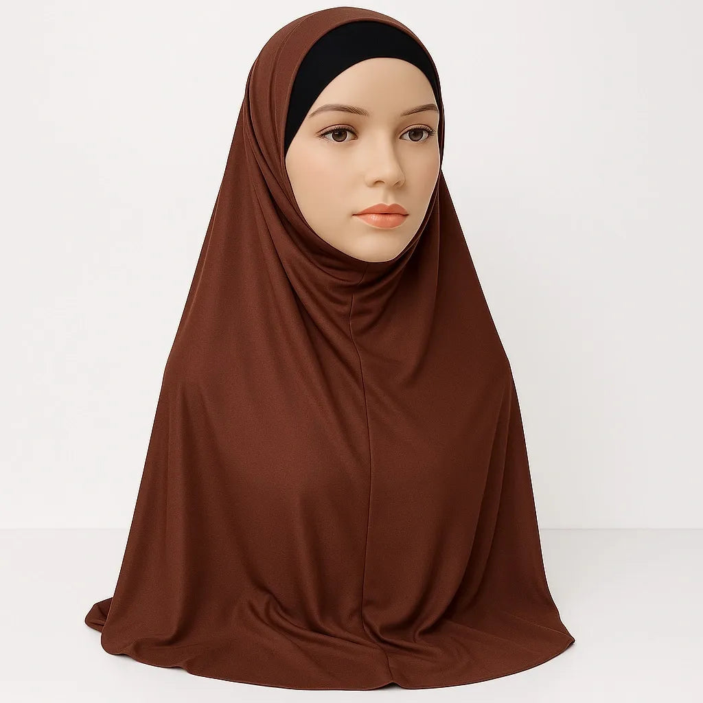 Model wearing brown full coverage khimar hijab with soft flowing drape and lightweight breathable fabric, modest Islamic head covering for women, front and side view on white background