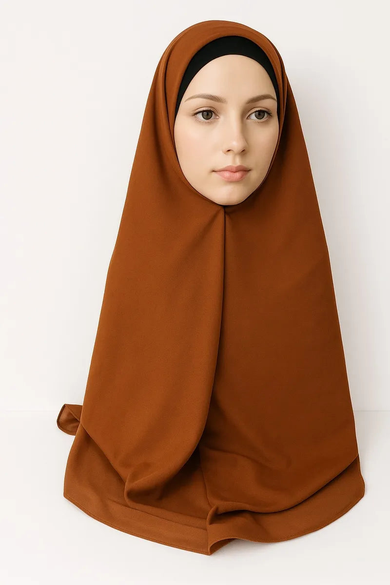 Brown full drape khimar hijab for women, modest Islamic headwear, stretch fabric prayer hijab, long coverage khimar scarf, lightweight breathable Muslim head covering for daily wear