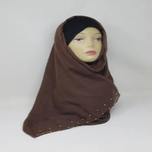 brown hijab scarf with gold bead detailing soft fabric modest fashion head covering elegant full coverage style for women lightweight comfortable drape for everyday wear and special occasions
