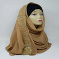 brown hijab scarf with gold edge trim soft modest headscarf for women full coverage smooth fabric elegant simple hijab warm brown color modest fashion wrap