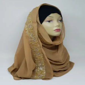 brown hijab scarf with gold edge trim soft modest headscarf for women full coverage smooth fabric elegant simple hijab warm brown color modest fashion wrap