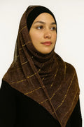 Brown hijab with gold line pattern, modest Islamic headscarf for women, elegant brown patterned hijab drape, lightweight modest fashion scarf from Affordable Hijab USA