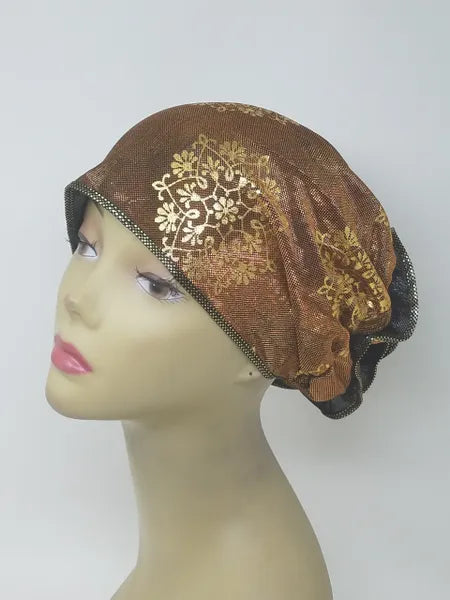 Brown gold patterned turban for women with shimmer detail, soft stretch fabric head covering, ready to wear turban headwear, full coverage modest headwear, lightweight breathable turban, slip on hijab alternative, stylish printed turban for women, comfortable daily wear head covering, elegant gold brown turban