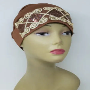 Brown underscarf cap with gold design, soft stretch hijab inner cap for women, breathable full coverage headwear, secure fit modest underscarf for daily wear