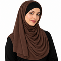 : Brown jersey hijab scarf with soft layered draping, full coverage, and a black undercap displayed on a white background.