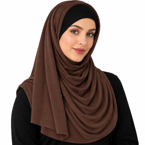 : Brown jersey hijab scarf with soft layered draping, full coverage, and a black undercap displayed on a white background.