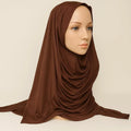 Brown jersey khimar hijab with full chest coverage, soft stretch fabric, long modest Islamic prayer hijab for women, lightweight breathable khimar scarf from Affordable Hijab USA 