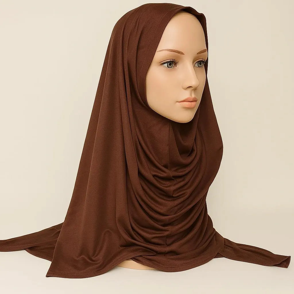 Brown jersey khimar hijab with full chest coverage, soft stretch fabric, long modest Islamic prayer hijab for women, lightweight breathable khimar scarf from Affordable Hijab USA 