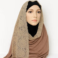 Brown jersey hijab scarf with lace trim edge, soft stretch modest headscarf for women, breathable Islamic hijab with elegant lace border, full coverage everyday modest wear