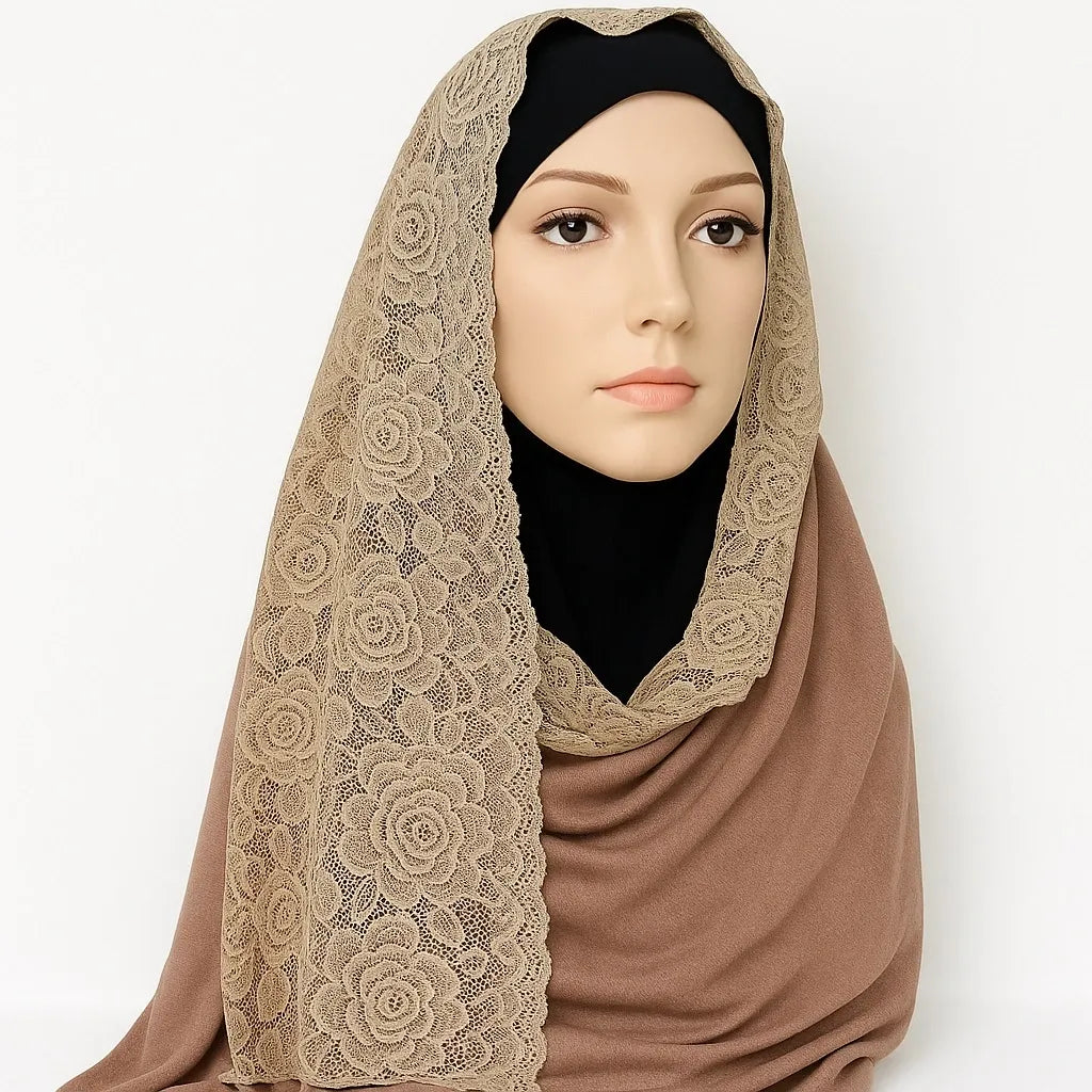 Brown jersey hijab scarf with lace trim edge, soft stretch modest headscarf for women, breathable Islamic hijab with elegant lace border, full coverage everyday modest wear