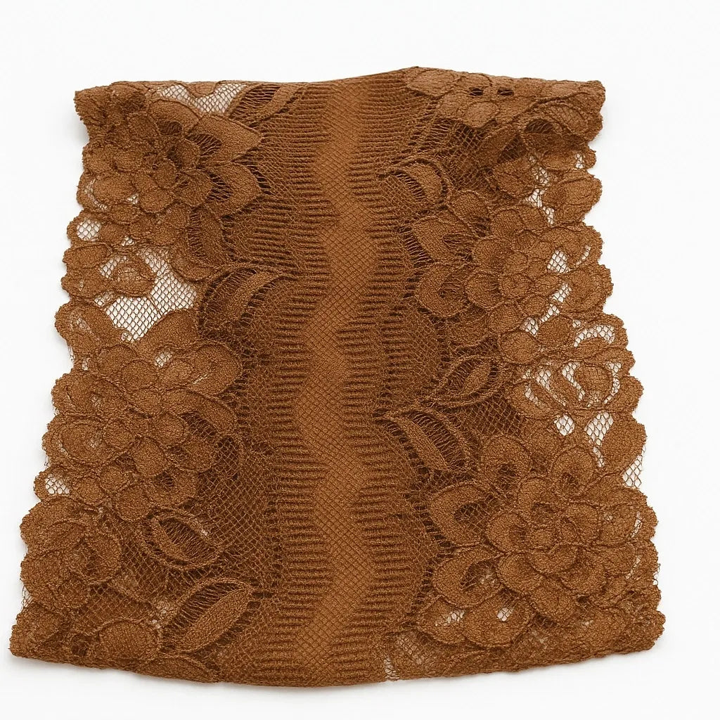 Brown lace floral headband with mesh design, wide stretch headband for women, modest hair accessory, elegant lace head wrap, Affordable Hijab USA