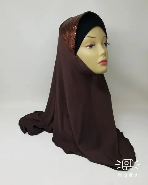 Brown long khimar hijab for women, full coverage modest Islamic prayer hijab, soft flowy khimar scarf with extended length, comfortable breathable fabric for daily wear and salah, elegant brown khimar head covering for modest fashion and full coverage styling