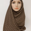Brown chiffon hijab with pearl bead detailing, lightweight modest headscarf for women, elegant Muslim hijab scarf with small pearl embellishments, soft breathable Islamic fashion wrap in chocolate brown