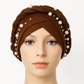 Brown pearl embellished turban cap for women, pre tied modest headwrap with bead details, elegant Islamic head covering, Affordable Hijab USA