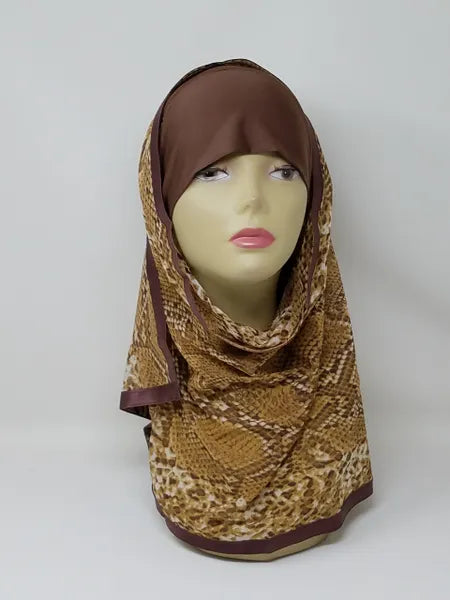 brown printed attached underscarf hijab for women, hijab with built in underscarf and patterned scarf, easy wear no pin hijab, layered modest hijab, lightweight comfortable fabric, Muslim women head covering, brown gold printed hijab with inner cap