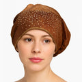 Brown rhinestone bun turban cap for women with sparkling crystal studs on soft stretch fabric. Modest headwear with built-in bun shape for elegant hijab styling, comfortable slip-on turban cap for everyday wear, prayer, formal events, and modest fashion outfits.