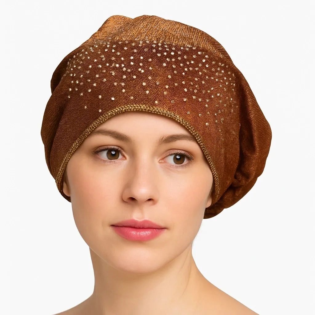 Brown rhinestone bun turban cap for women with sparkling crystal studs on soft stretch fabric. Modest headwear with built-in bun shape for elegant hijab styling, comfortable slip-on turban cap for everyday wear, prayer, formal events, and modest fashion outfits.