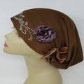 brown turban headwrap with rhinestone design and flower detail soft stretch fabric modest headwear for women elegant full coverage turban comfortable daily wear and special occasions
