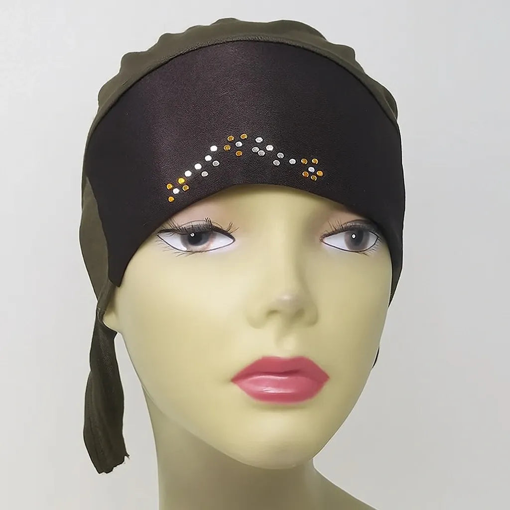 Brown instant hijab cap with rhinestone detail worn on mannequin, modest Muslim headwrap for women, stretch underscarf hijab cap for secure and comfortable everyday wear.