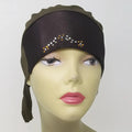 Brown instant hijab cap with rhinestone detail worn on mannequin, modest Muslim headwrap for women, stretch underscarf hijab cap for secure and comfortable everyday wear.