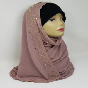 brown rhinestone jersey hijab scarf soft stretch modest headscarf full coverage hijab with rhinestones sparkle detail elegant Muslim women hijab comfortable everyday wear lightweight breathable fabric easy wear no pin needed stylish modest fashion scarf