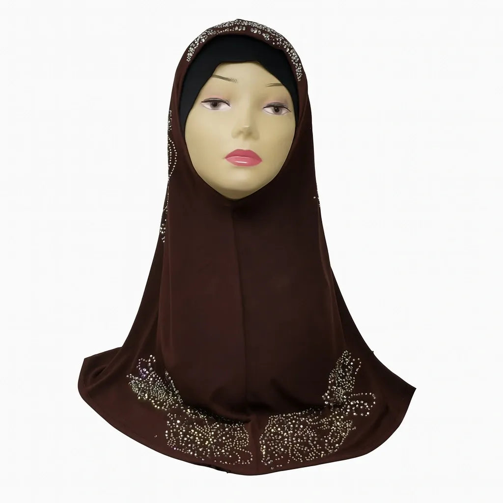 Brown rhinestone khimar hijab for women with elegant rhinestone embellishments along the bottom edge, modest Islamic prayer headwear, full coverage khimar style hijab from Affordable Hijab USA designed for everyday wear, prayer, and special occasions.