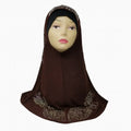 Brown rhinestone khimar hijab for women with elegant rhinestone embellishments along the bottom edge, modest Islamic prayer headwear, full coverage khimar style hijab from Affordable Hijab USA designed for everyday wear, prayer, and special occasions.