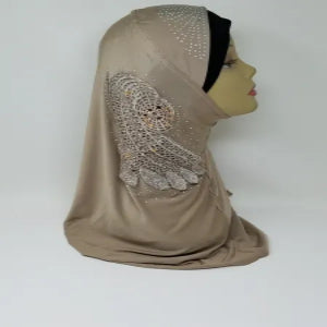 Brown one piece hijab with rhinestone side design, full coverage modest headscarf, soft draped fabric, elegant ready to wear hijab for daily wear, formal events and special occasions