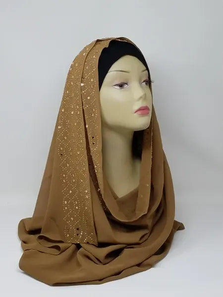 Brown rhinestone chiffon hijab scarf for women, lightweight chiffon headscarf with sparkle detail, elegant modest hijab, long drape scarf, breathable fabric hijab, Muslim women head covering, stylish chocolate brown chiffon hijab with rhinestones, dressy hijab for special occasions