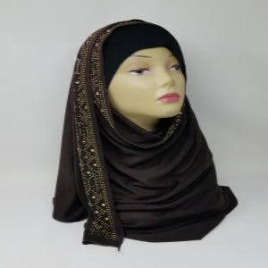 brown rhinestone jersey hijab soft stretch fabric modest headscarf elegant sparkle hijab full coverage breathable comfortable Muslim scarf everyday wear