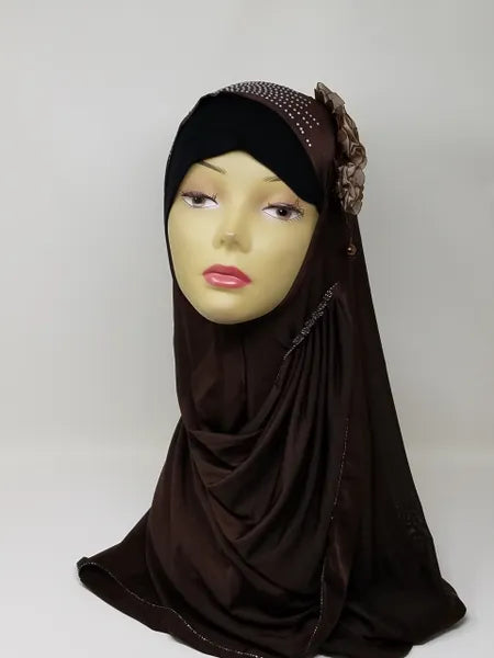 Brown khimar hijab with rhinestone flower design on the side, one piece modest Muslim head covering draping over shoulders, elegant Islamic khimar hijab for prayer and everyday wear