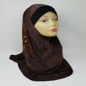 Brown one piece hijab with rhinestone details soft modest headwear elegant full coverage hijab for daily wear prayer and special occasions comfortable stretch fabric