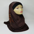 Brown one piece hijab with rhinestone details soft modest headwear elegant full coverage hijab for daily wear prayer and special occasions comfortable stretch fabric