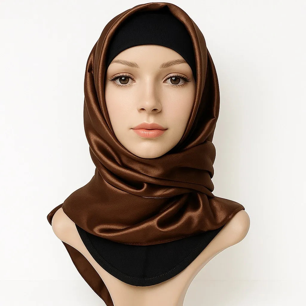 Brown satin square hijab silky smooth shiny fabric elegant modest headscarf lightweight Islamic scarf for women