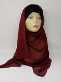 Burgundy chiffon hijab scarf displayed on mannequin, deep red flowy fabric, lightweight breathable modest headscarf for women, elegant drape chiffon hijab for everyday and formal wear, smooth soft scarf from Affordable Hijab USA