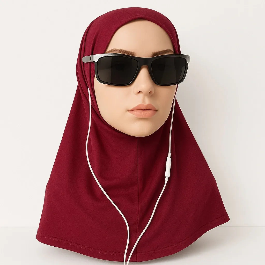 Burgundy cotton one piece instant hijab styled on mannequin, soft stretch pull on modest headscarf for everyday wear USA