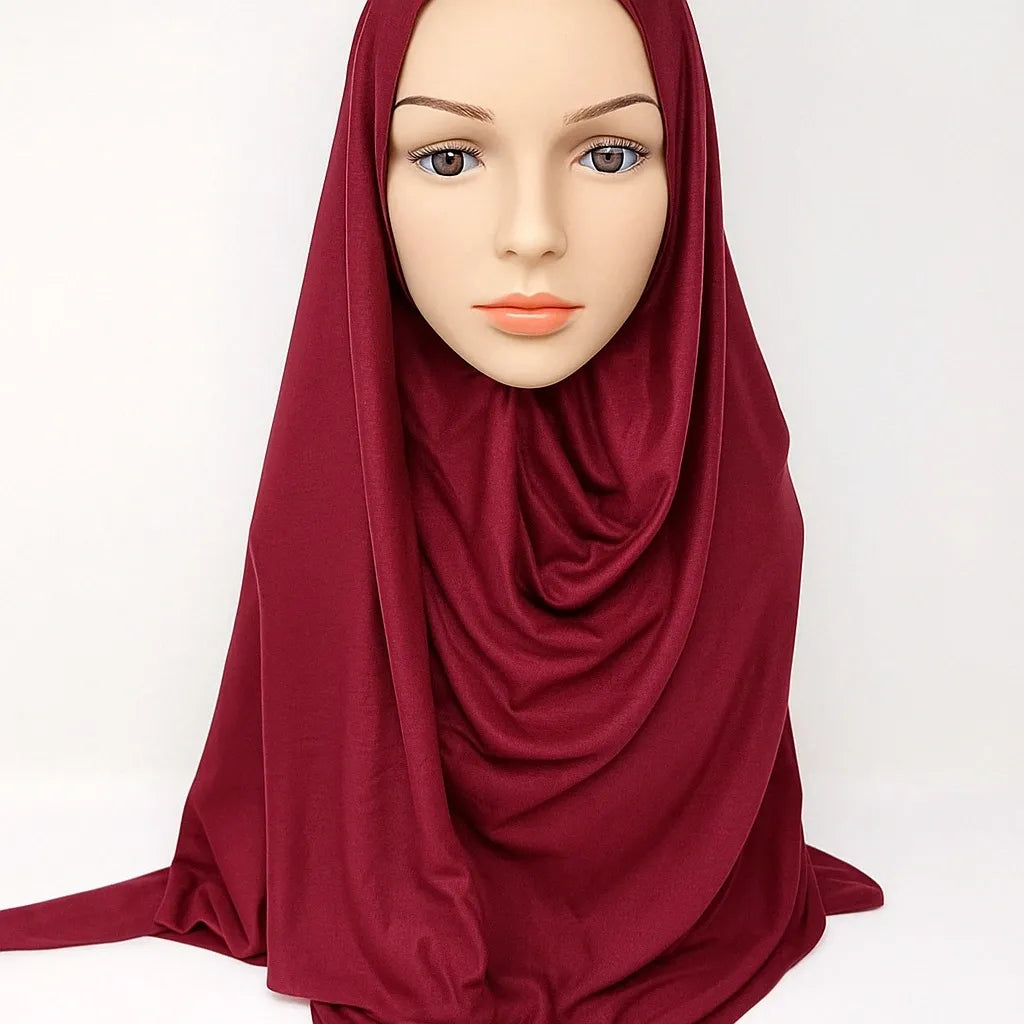 Burgundy full drape khimar hijab in heavy jersey fabric with long front and back coverage, modest Islamic prayer hijab for women, soft stretch wine red layered khimar from Affordable Hijab USA