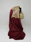 Burgundy hijab scarf with gold beaded embroidery, elegant modest Muslim headscarf with decorative beadwork, dark red Islamic scarf for modest fashion from Affordable Hijab USA.