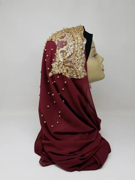 Burgundy hijab scarf with gold beaded embroidery, elegant modest Muslim headscarf with decorative beadwork, dark red Islamic scarf for modest fashion from Affordable Hijab USA.