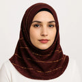 Burgundy hijab with gold line pattern, modest Islamic headscarf for women, elegant burgundy patterned hijab drape, lightweight modest fashion scarf from Affordable Hijab USA
