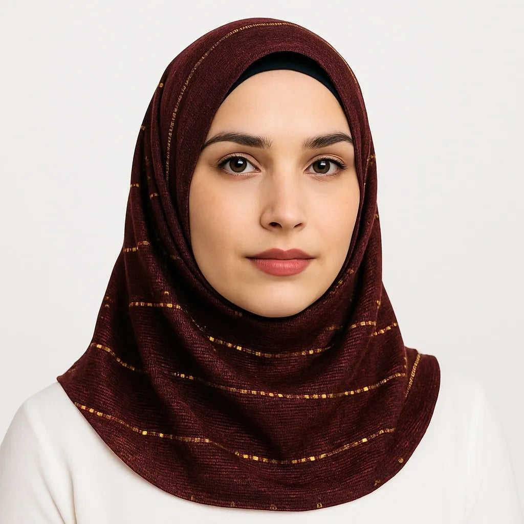 Burgundy hijab with gold line pattern, modest Islamic headscarf for women, elegant burgundy patterned hijab drape, lightweight modest fashion scarf from Affordable Hijab USA